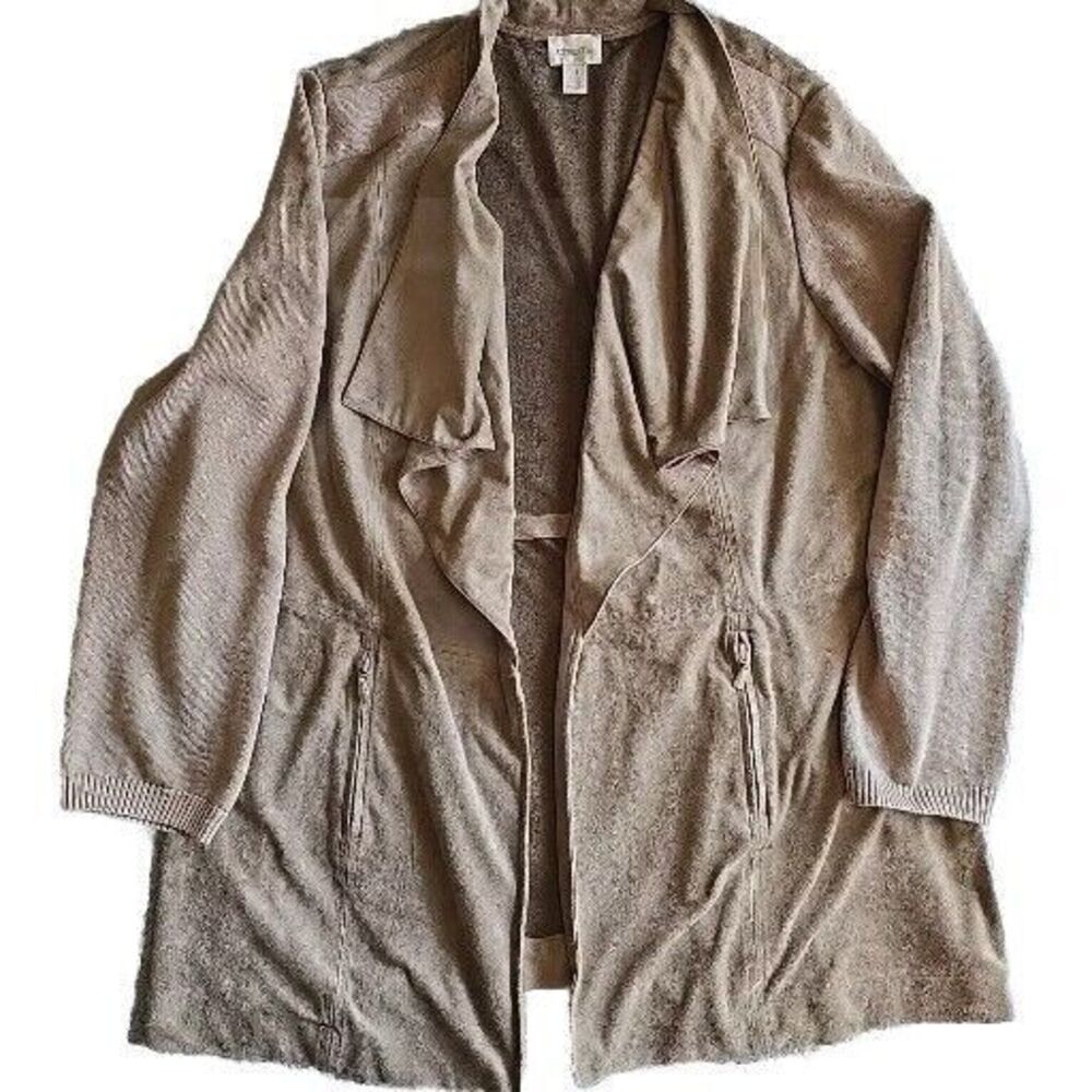 Chico’s Duster Jacket Size 4 Open Front Faux Suede Brown Open Blazer XXL 20/22